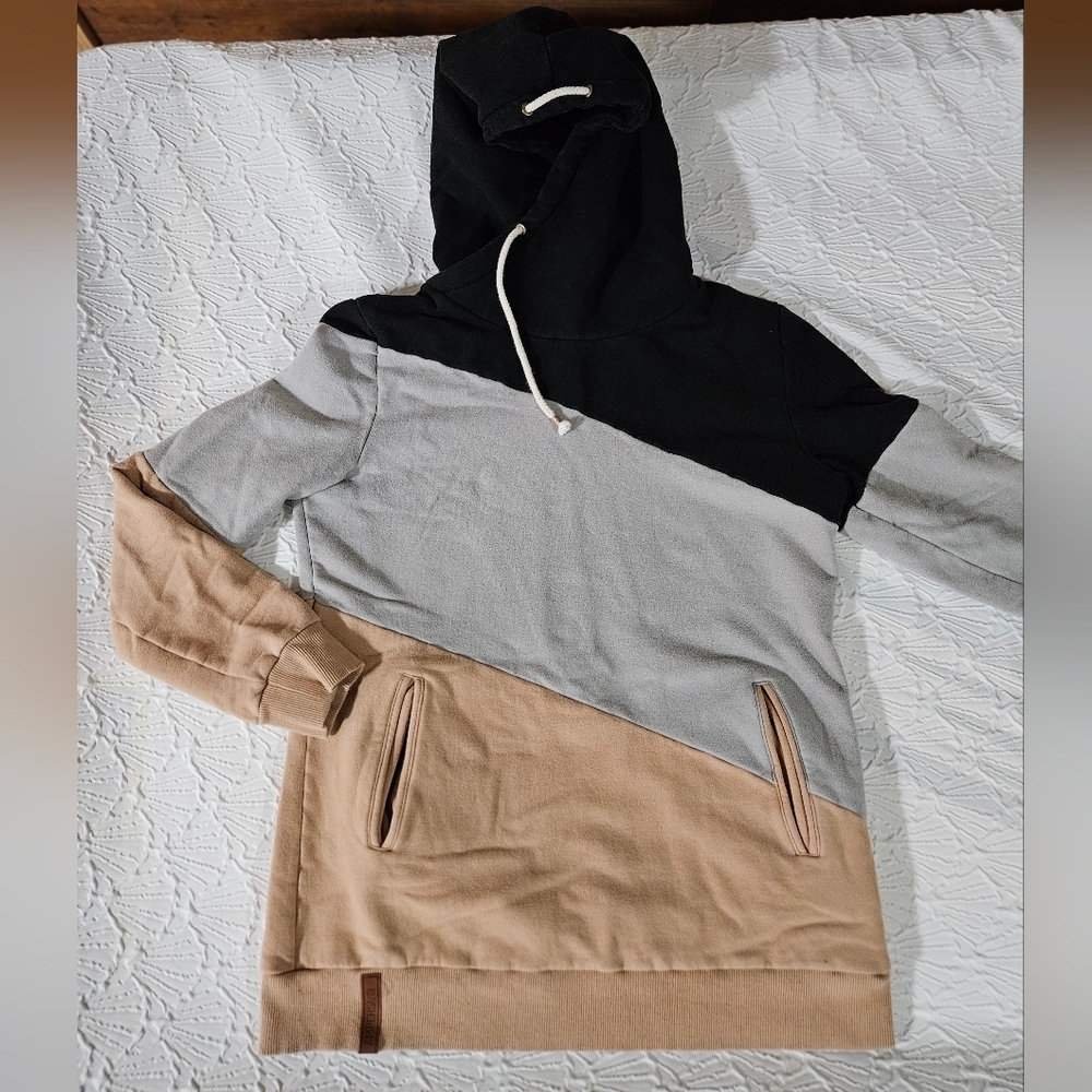 Ampersand Ave. Colorblock Womens Sweatshirt Hoodie- Black,Gray, and Tan Size L